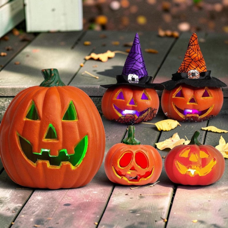 LED Halloween Græskar – 5 Stk. Batteridrevne Græskardekorationer med Lys