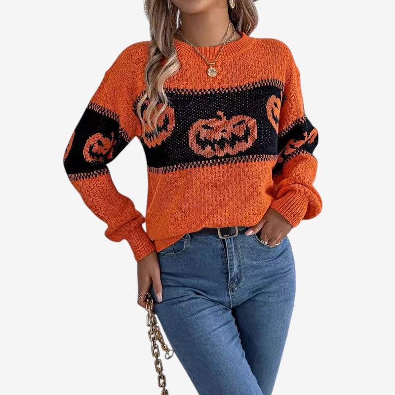 Pumpkina – Dame Halloween Sweater med Græskarmotiv Orange