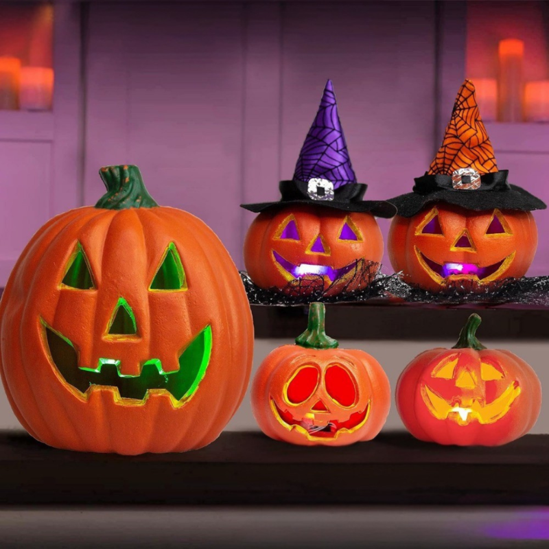 LED Halloween Græskar – 5 Stk. Batteridrevne Græskardekorationer med Lys
