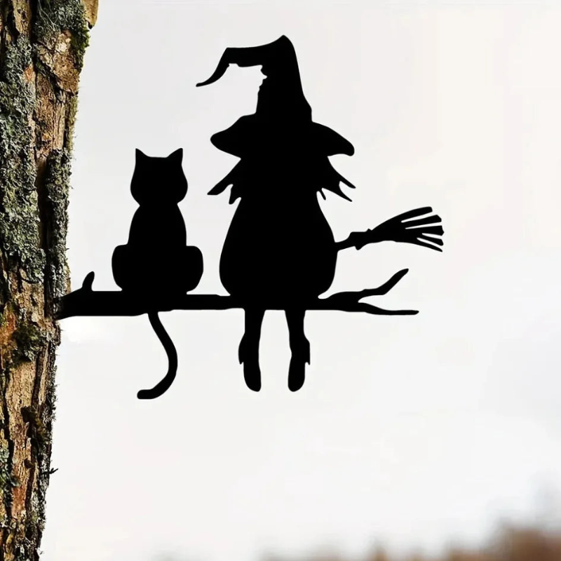 Dekorativ Silhuet af Heks og Kat til Haven