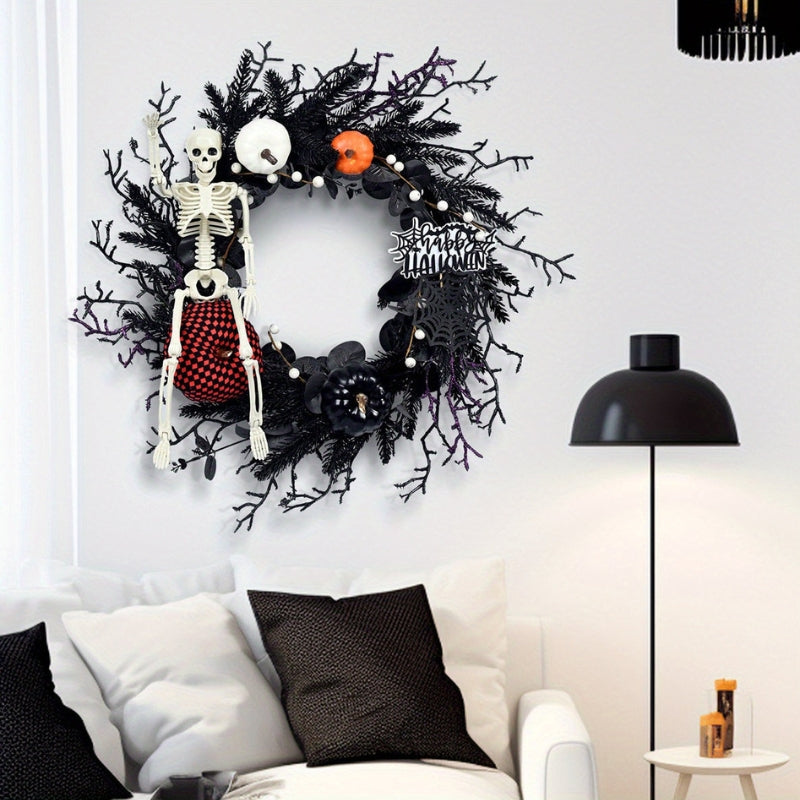 Grimora – Halloween Krans med Skelet og Græskar