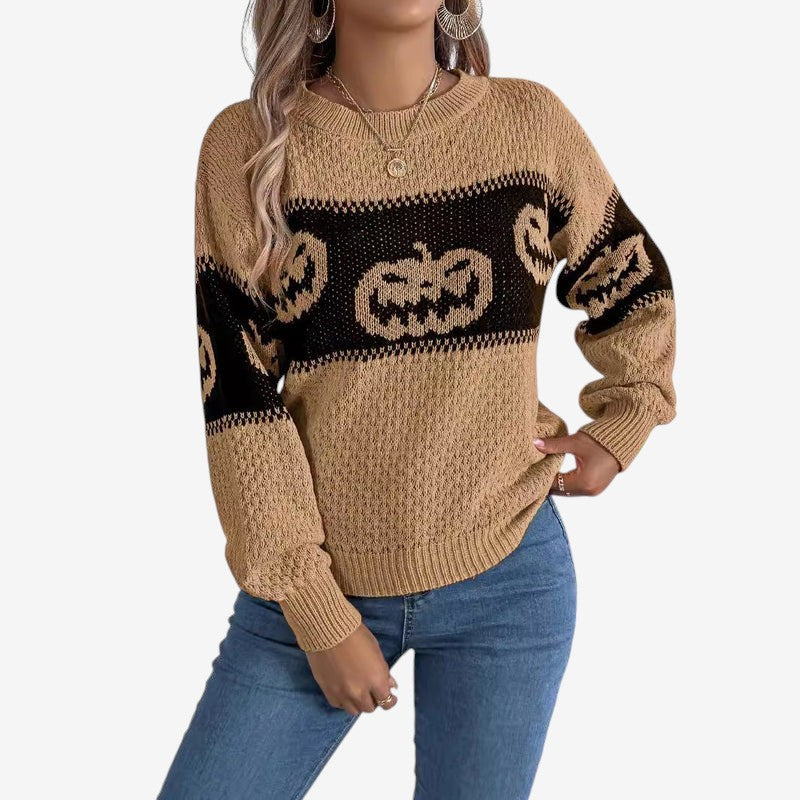 Pumpkina – Dame Halloween Sweater med Græskarmotiv Khaki