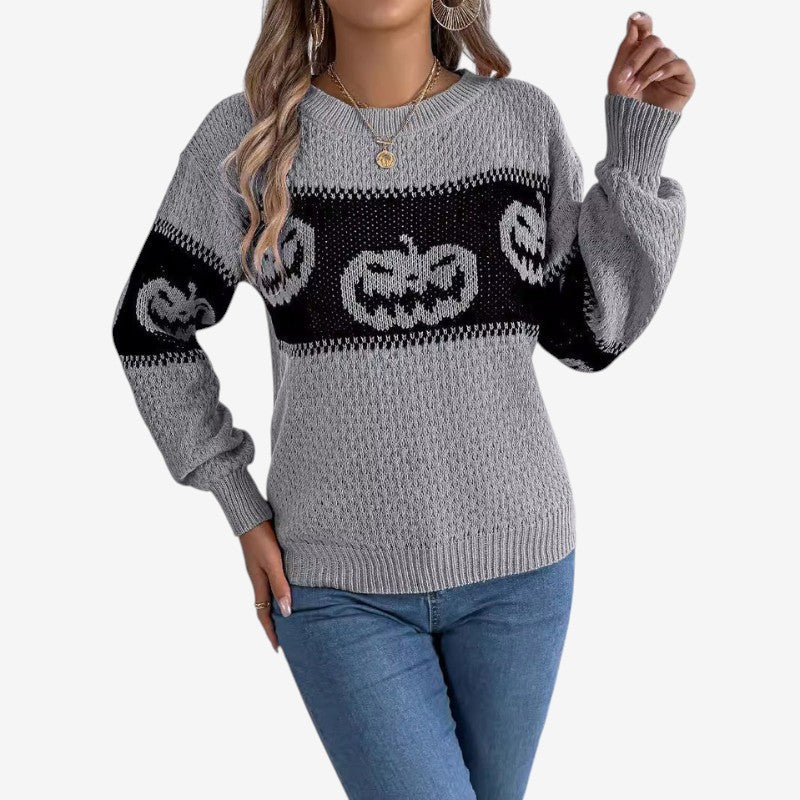Pumpkina – Dame Halloween Sweater med Græskarmotiv Grå