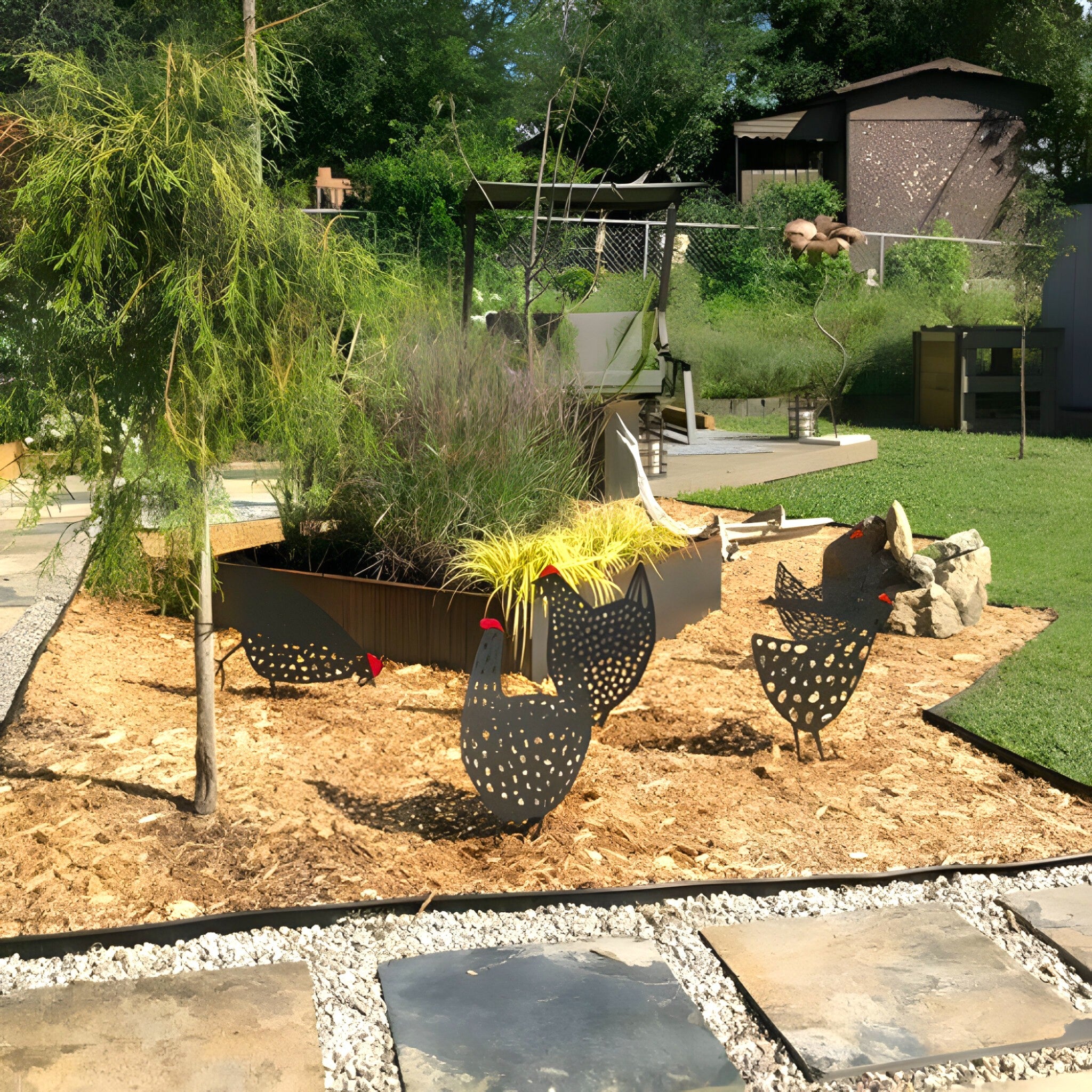 The Chicken Family Tuindecoratie – Set van 5 Houten Kipfiguren