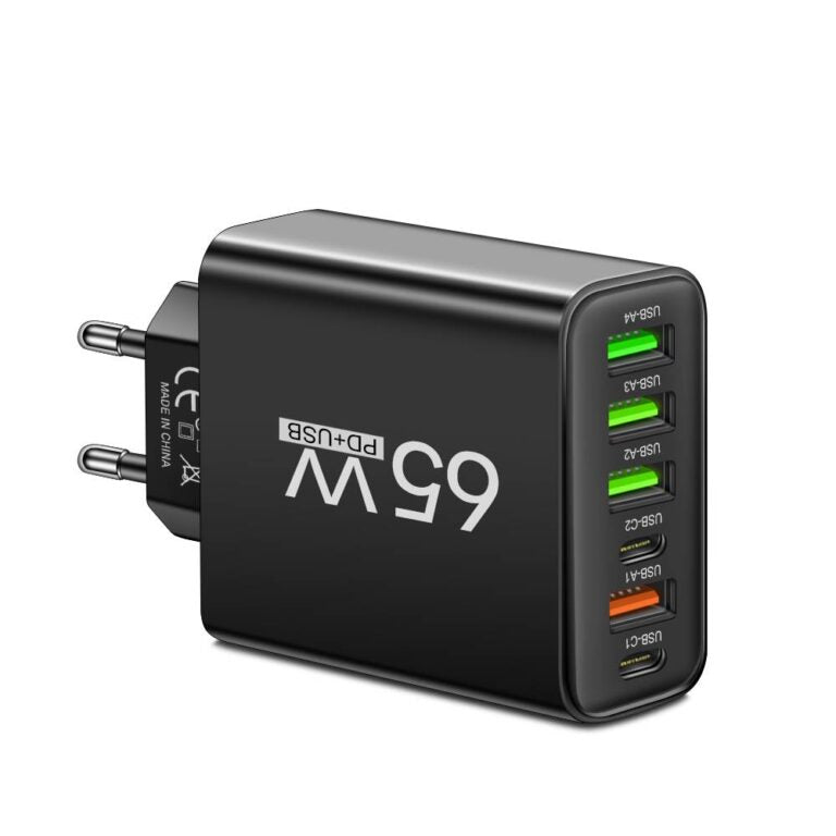 65W 6-in-1 Snellader – Multi USB Oplader voor Meerdere Apparaten Zwart