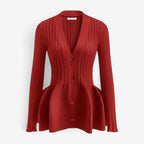 Peplum Cardigan - V-hals med Knaplukning Rød