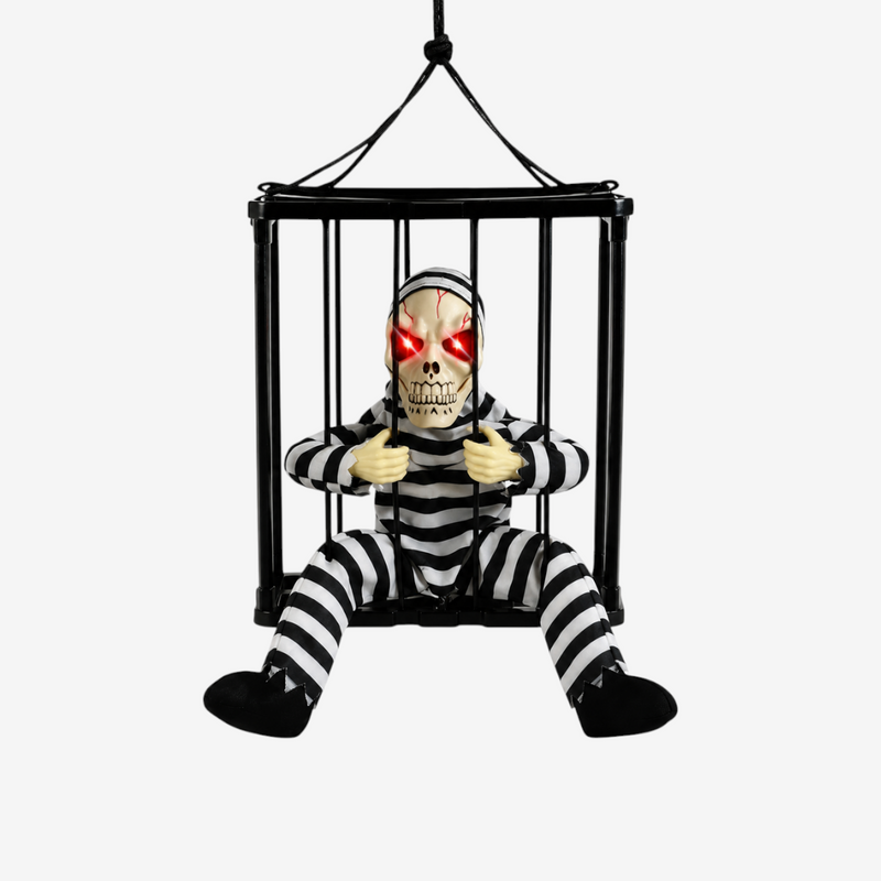 Grimcage – Halloween Skelet i Bur med Lyd og Bevægelse Sort