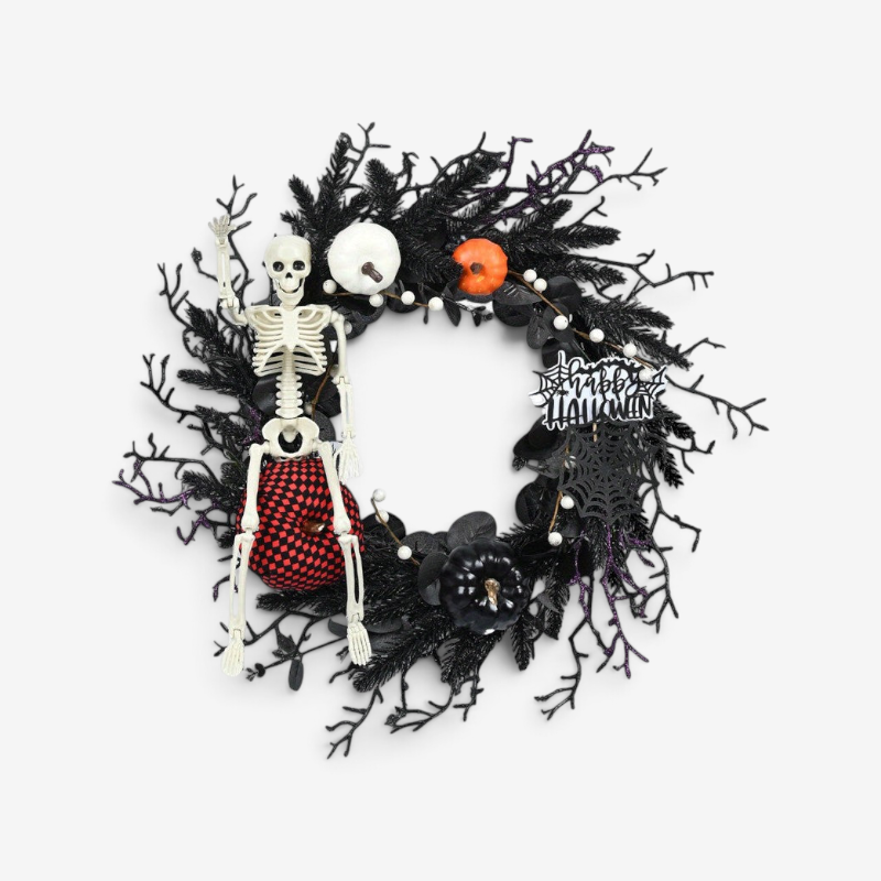 Grimora – Halloween Krans med Skelet og Græskar Sort