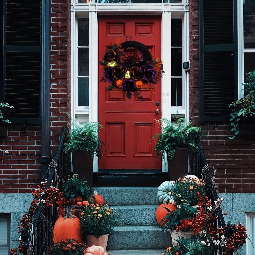 Noctiflora – Halloween Krans med Spindelvæv og Sorte Roser