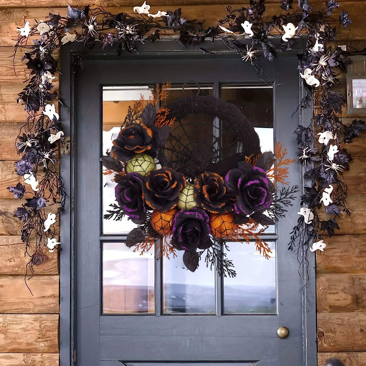 Noctiflora – Halloween Krans med Spindelvæv og Sorte Roser