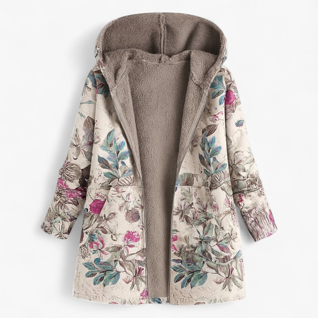 Ardena - Lang Dame Parka med Hætte Blomster Beige