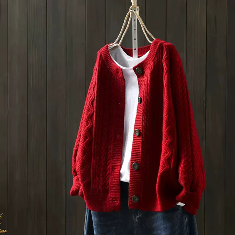 Oversize Cardigan med Ribdetaljer - Knaplukning og Lange Ærmer
