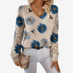 Blomstret Damebluse - V-hals og Lange Ærmer Bleu