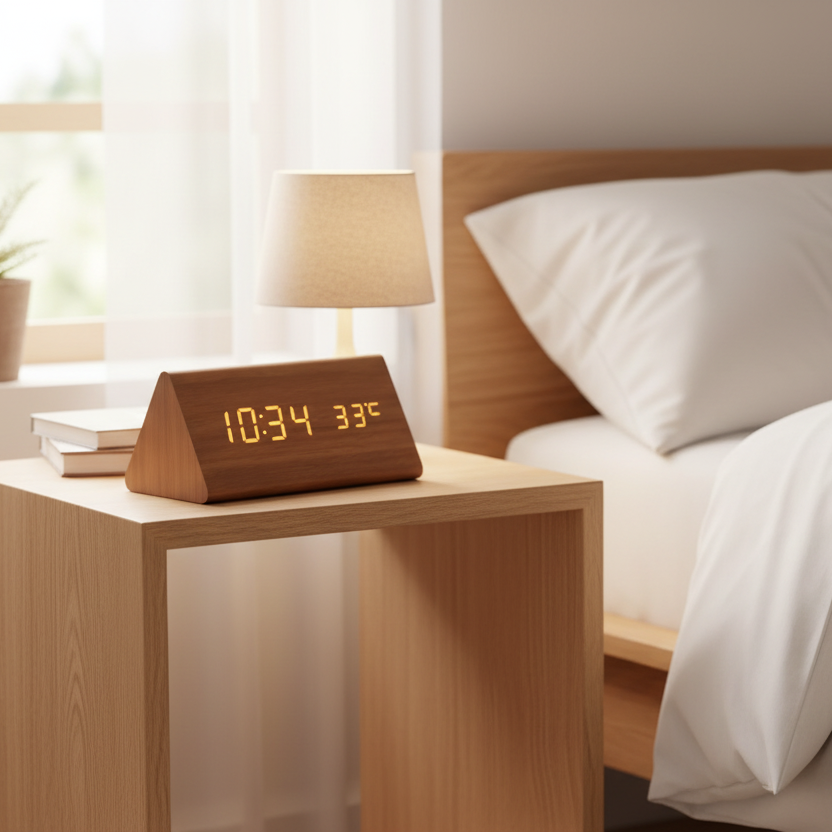 WoodTime LED Vækkeur – Moderne Trædesign