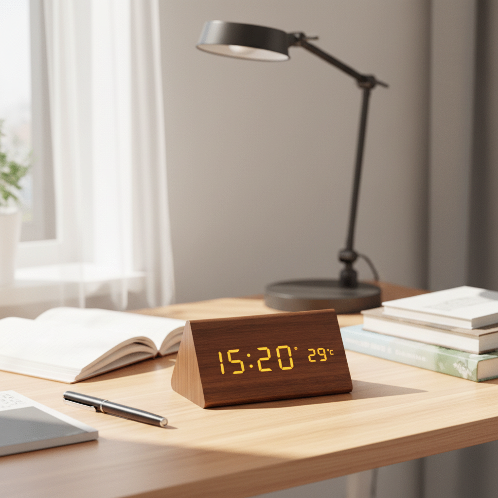 WoodTime LED Vækkeur – Moderne Trædesign