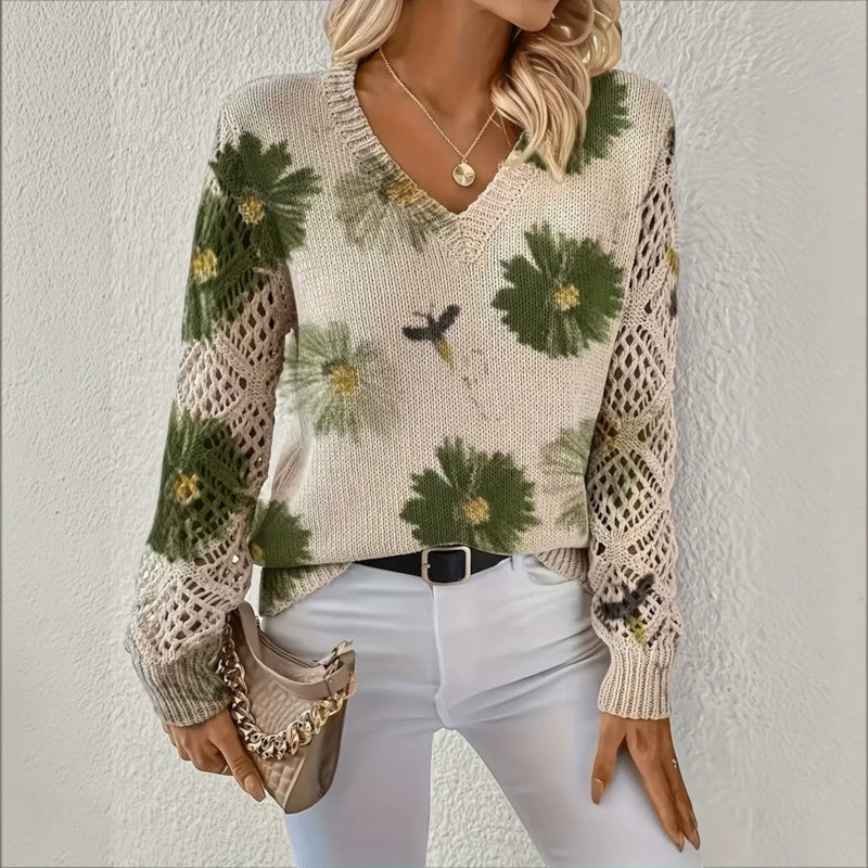 Blomstret Damebluse - V-hals og Lange Ærmer