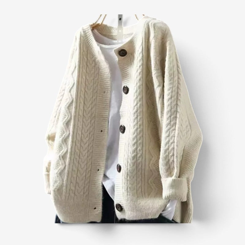 Oversize Cardigan med Ribdetaljer - Knaplukning og Lange Ærmer Beige