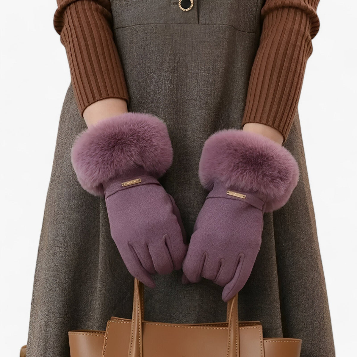 Velourhandsker med kaninlæderfor - touchfunktion til vinter