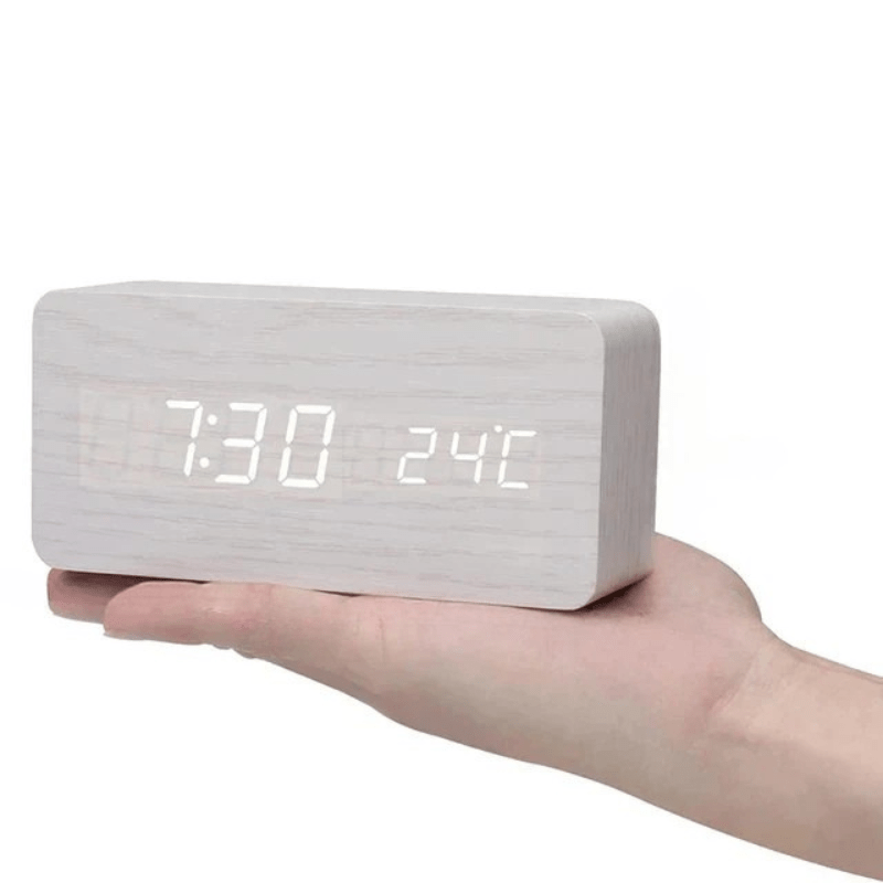 WoodTime LED Vækkeur – Moderne Trædesign Weiß-balkenförmig