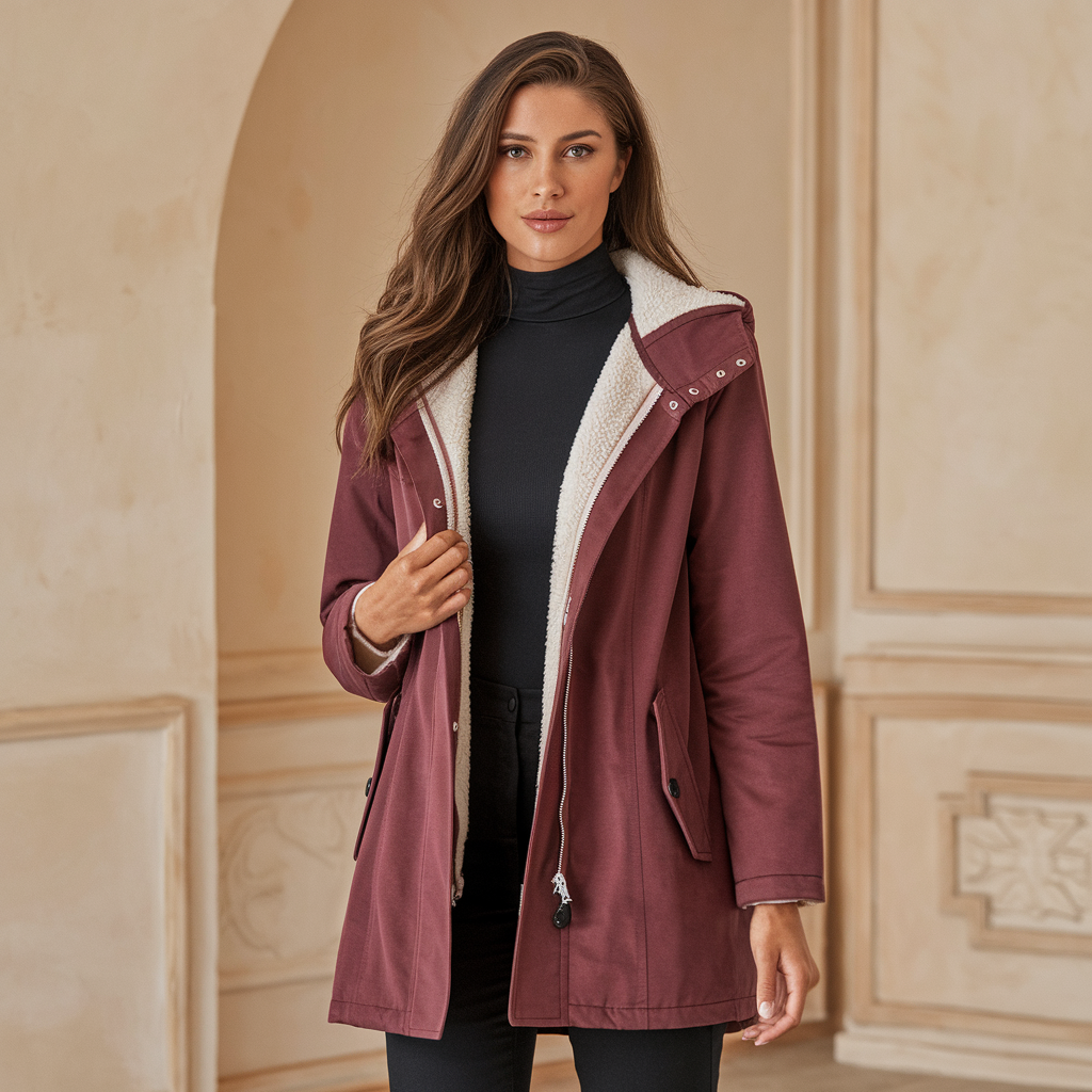 Nordelle - Elegant Lang Dame Vinterfrakke Rød