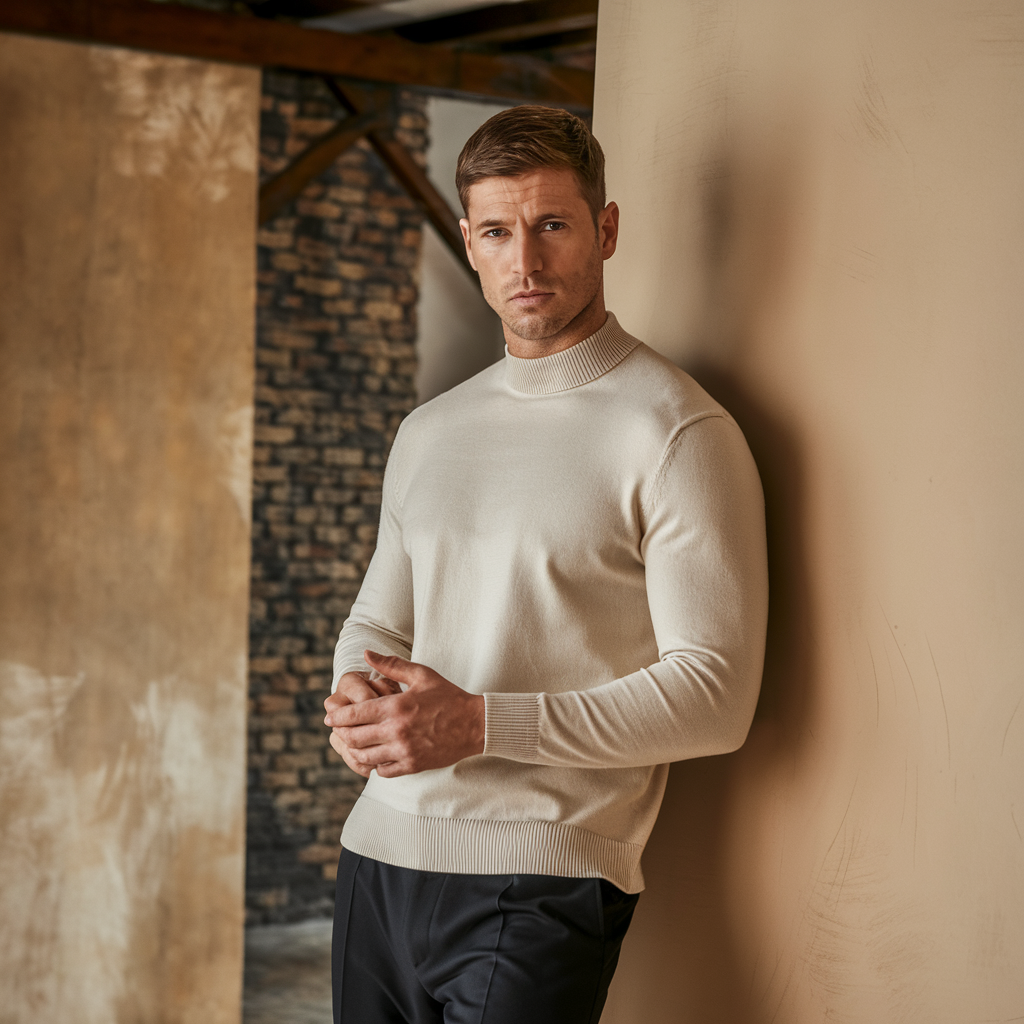 Nordhelm - Elegant Herre Striktrøje med Høj Krave Beige