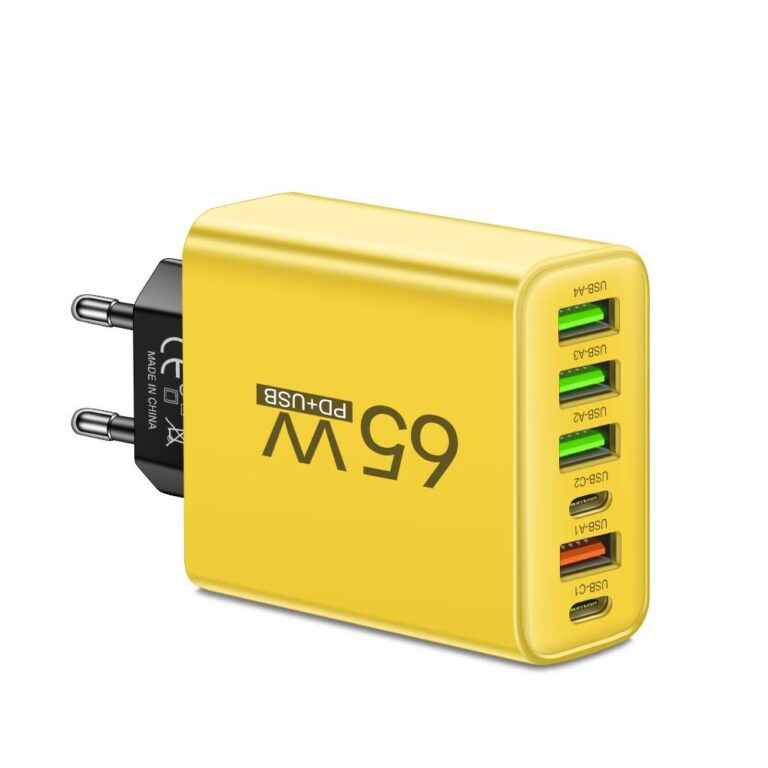 65W 6-in-1 Snellader – Multi USB Oplader voor Meerdere Apparaten Geel