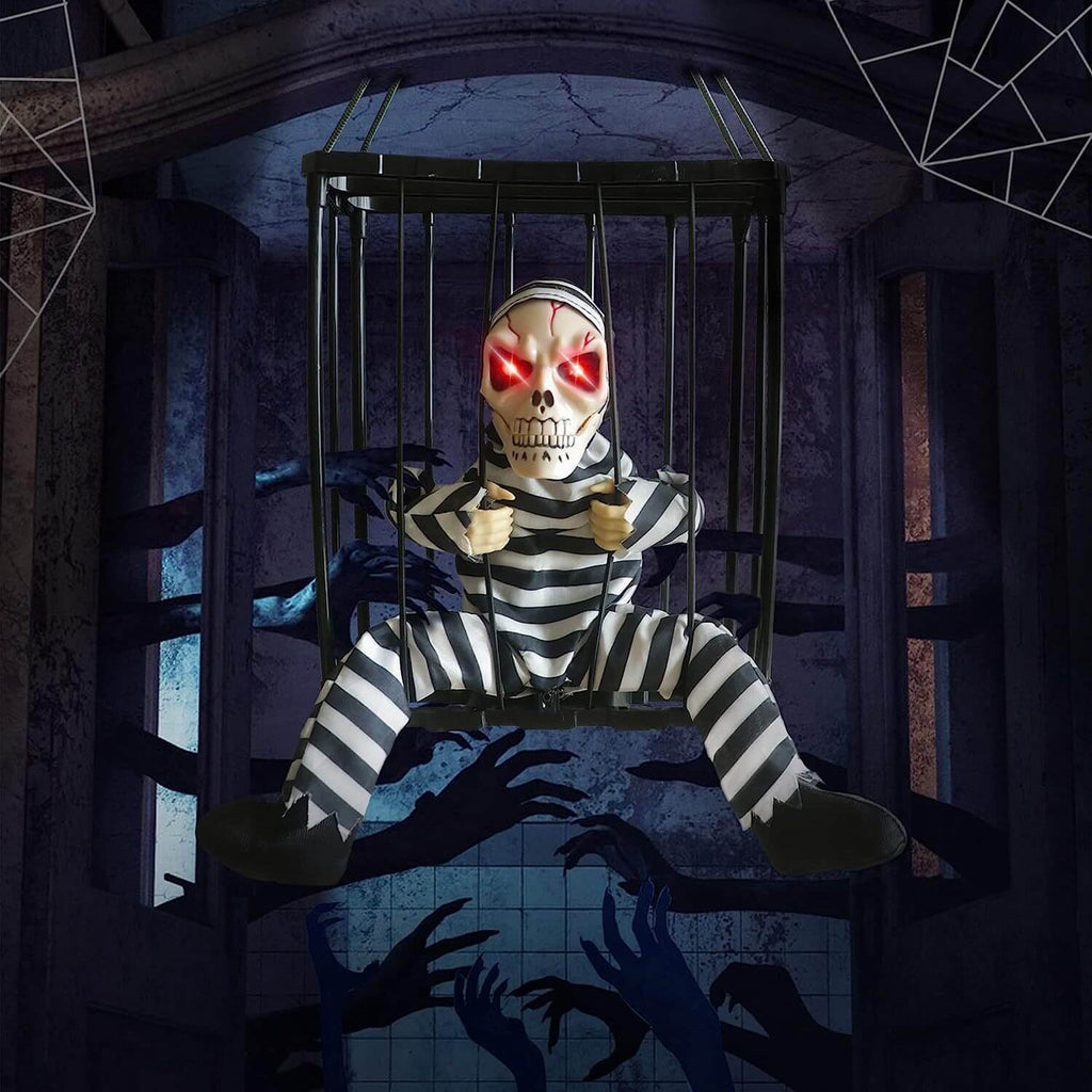 Grimcage – Halloween Skelet i Bur med Lyd og Bevægelse