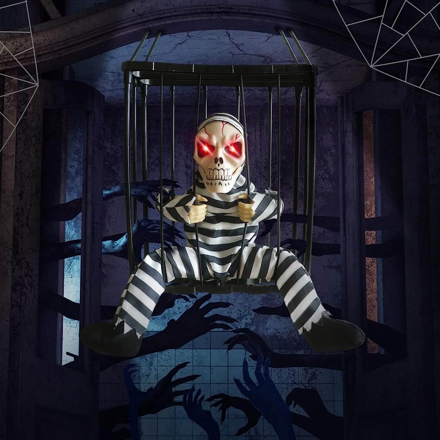Grimcage – Halloween Skelet i Bur med Lyd og Bevægelse