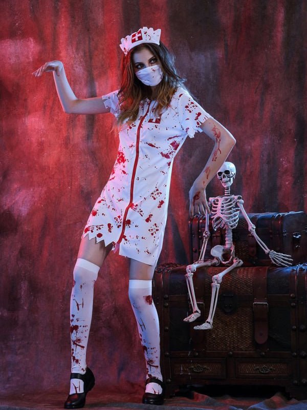 BloodNurse – Halloween Sygeplejerskekostume med Blodigt Design Weiß