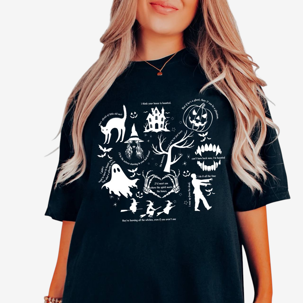 SpookyMuse – Halloween T-shirt til Dame med Grafisk Print Sort