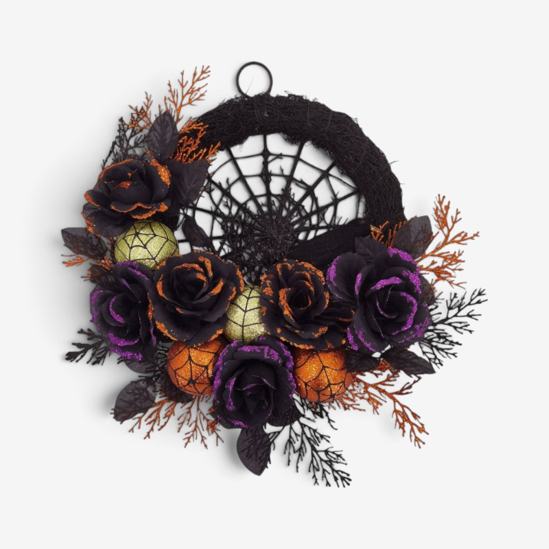 Noctiflora – Halloween Krans med Spindelvæv og Sorte Roser Lilla