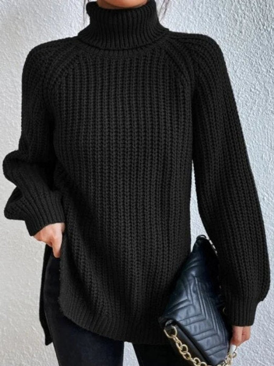 Sort Oversize Rullekravesweater - Grovstrik og Raglanærmer Sort